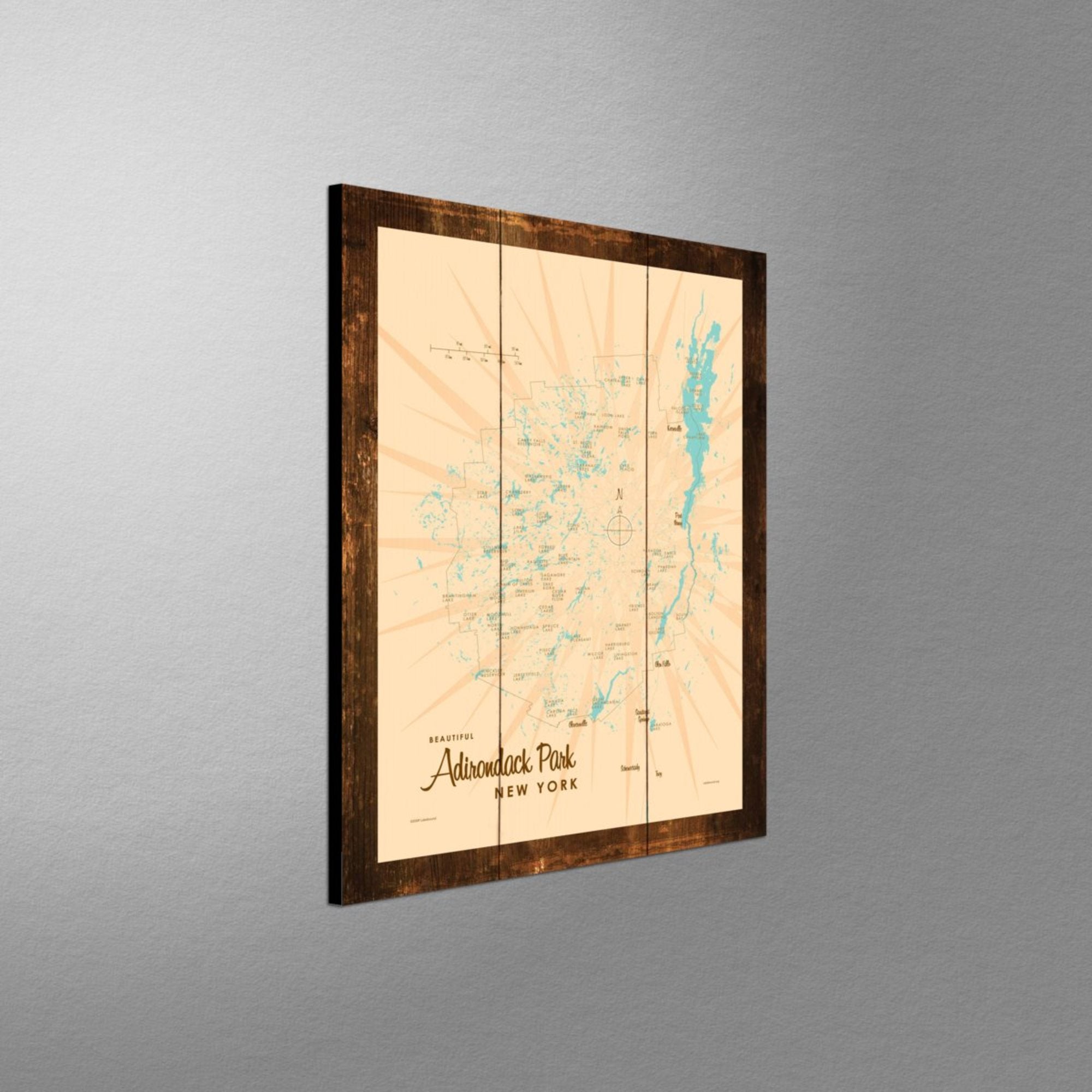 Adirondack Park, New York, Rustic Wood Sign Map Art