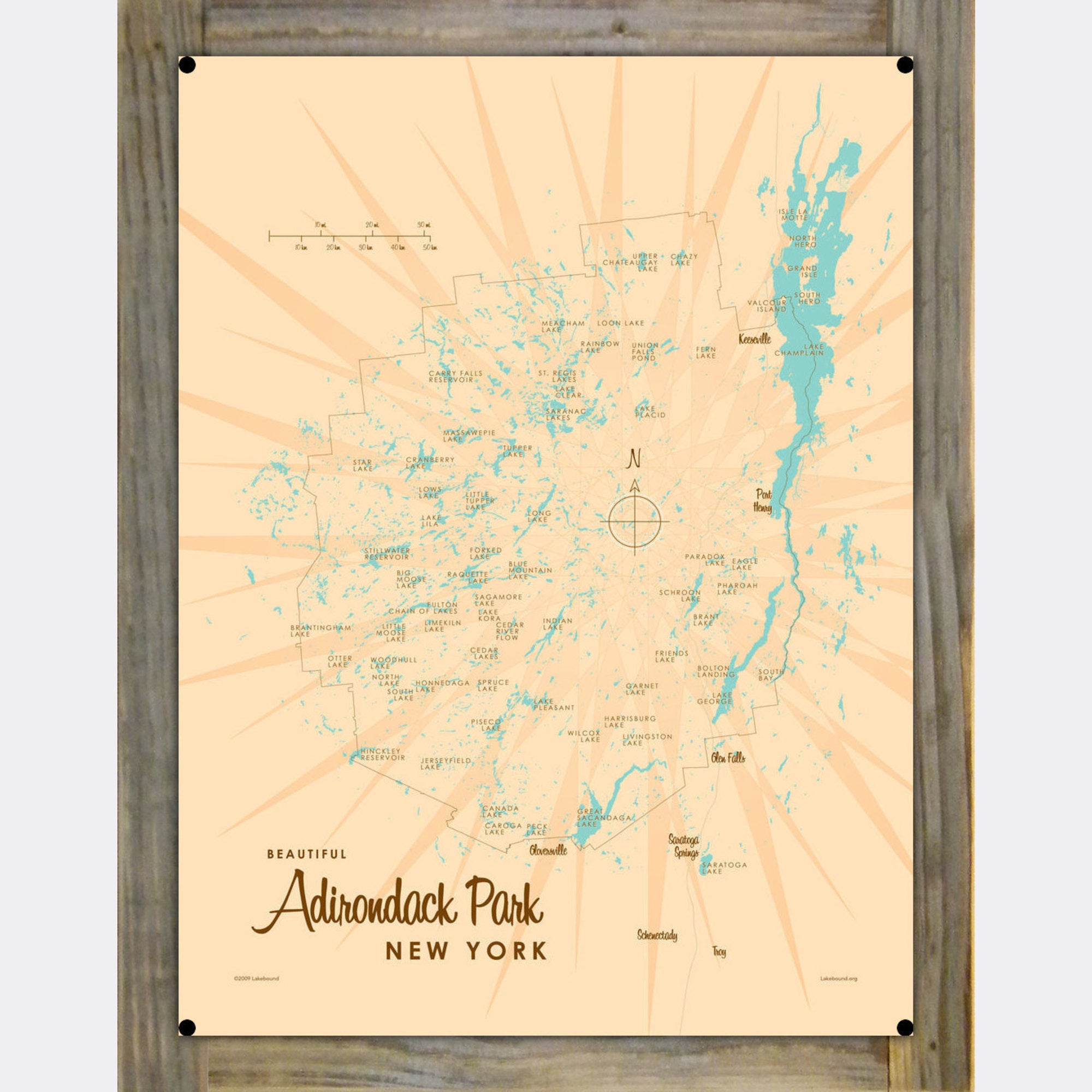 Adirondack Park New York, Wood-Mounted Metal Sign Map Art