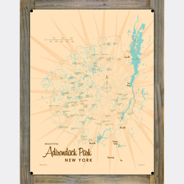 Adirondack Park New York, Wood-Mounted Metal Sign Map Art