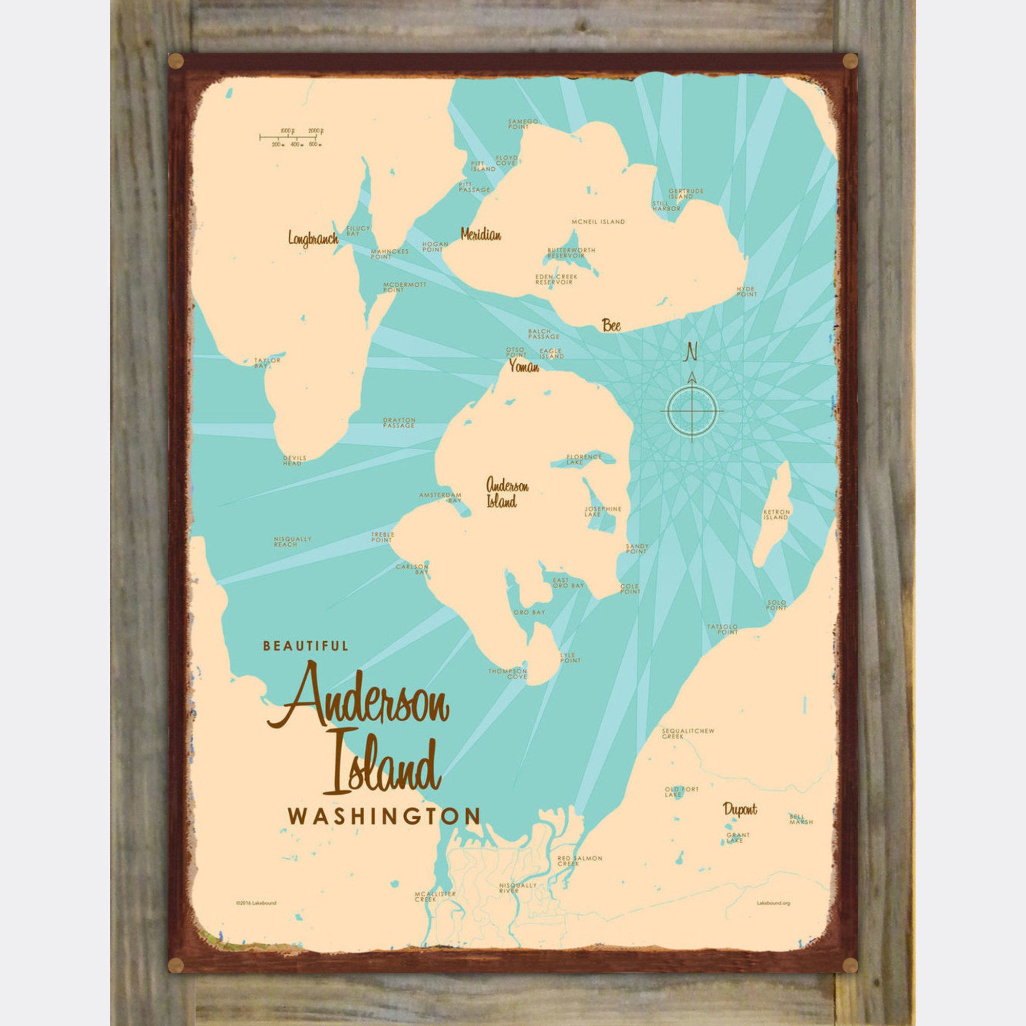 Anderson Island Washington, Wood-Mounted Rustic Metal Sign Map Art