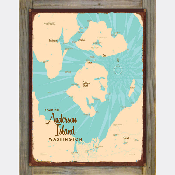 Anderson Island Washington, Wood-Mounted Rustic Metal Sign Map Art