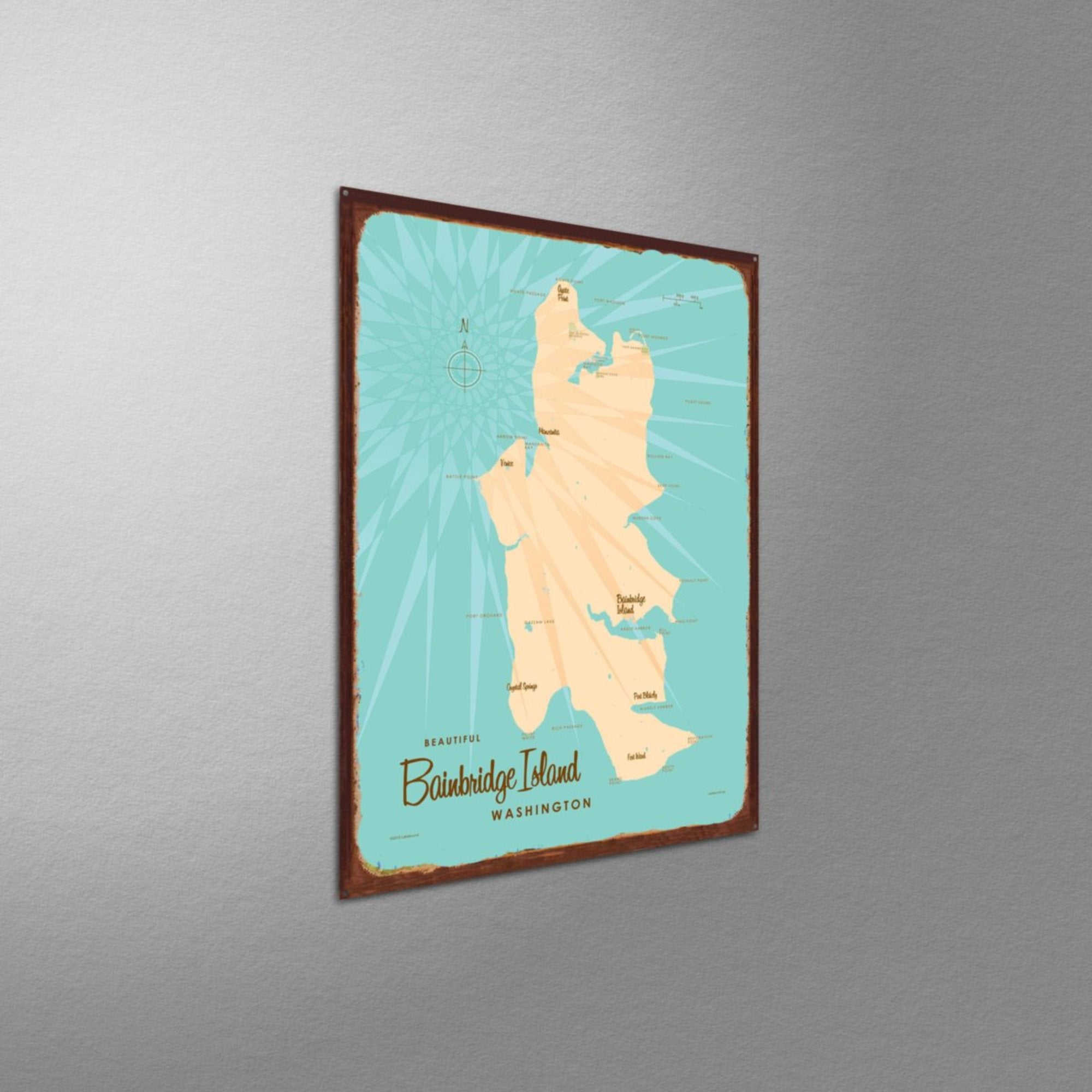 Bainbridge Island Washington, Rustic Metal Sign Map Art