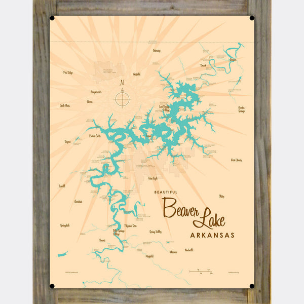 Beaver Lake Arkansas, Wood-Mounted Metal Sign Map Art