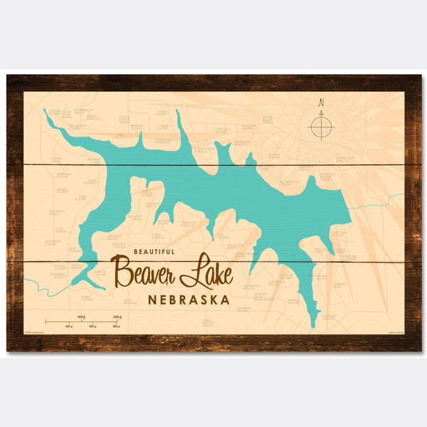 Beaver Lake Nebraska, Rustic Wood Sign Map Art