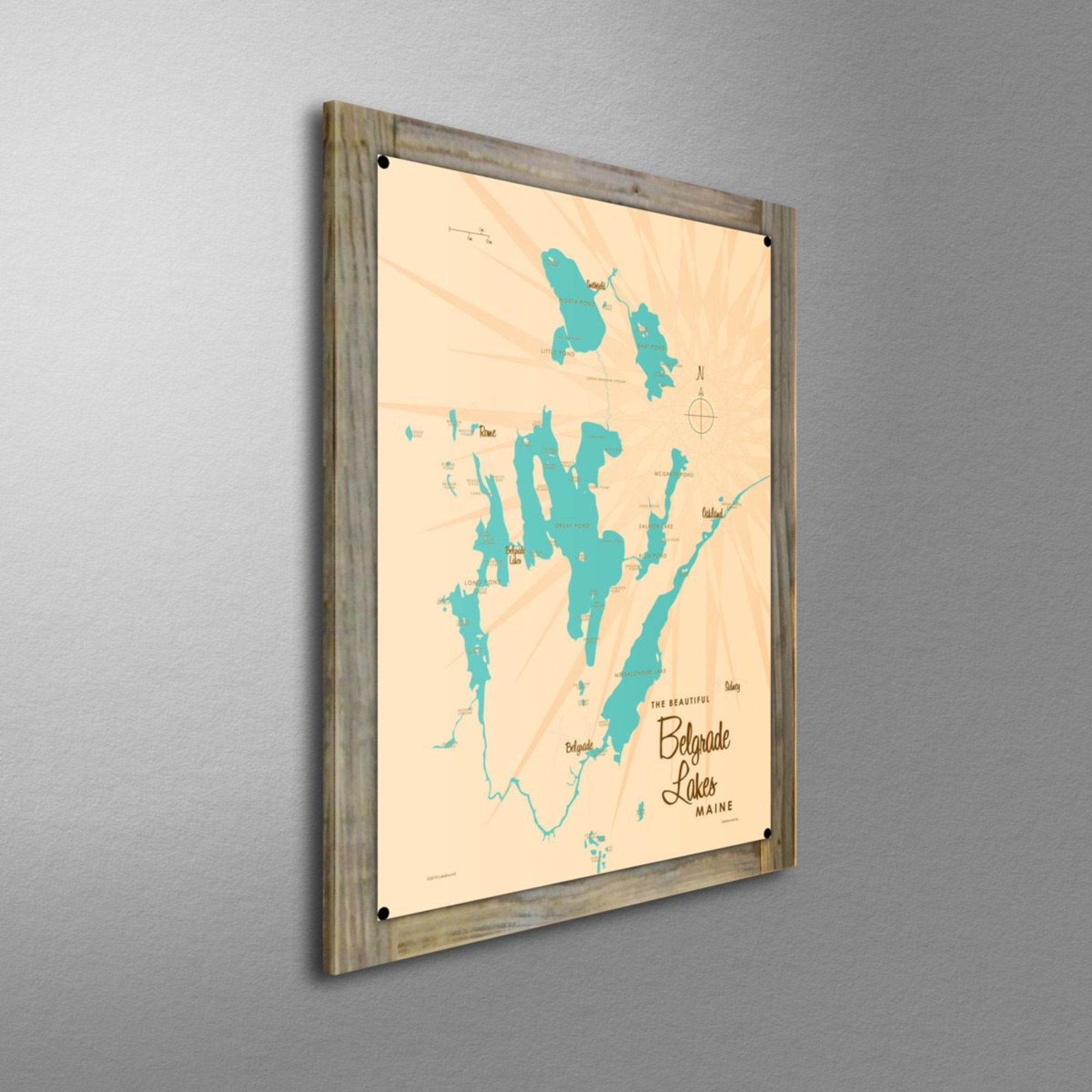 Belgrade Lakes Maine, Wood-Mounted Metal Sign Map Art