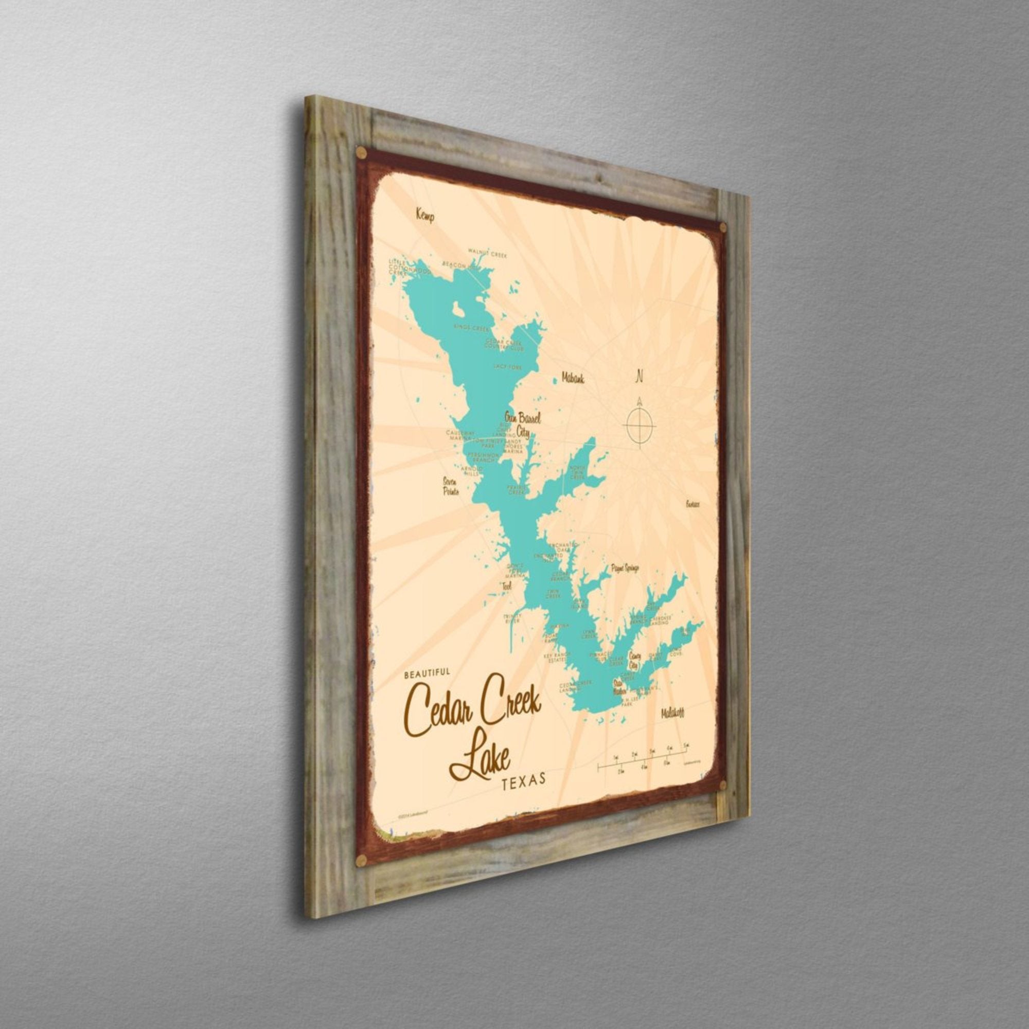 Cedar Creek Lake Texas, Wood-Mounted Rustic Metal Sign Map Art