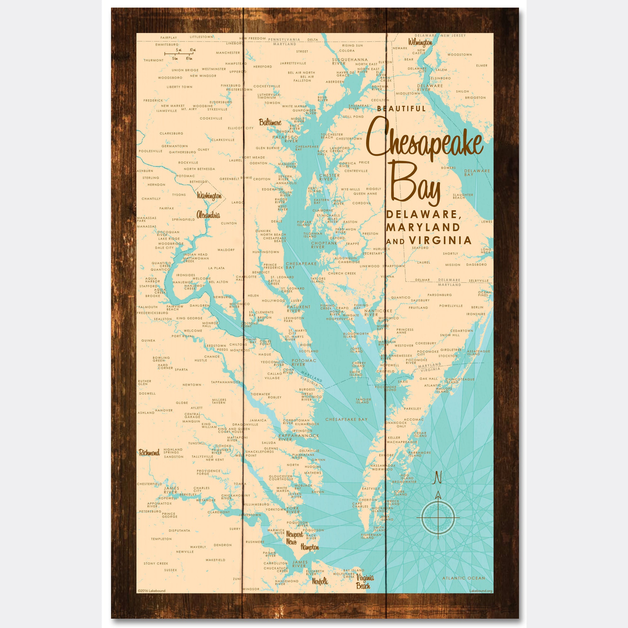 Chesapeake Bay MD Virginia, Rustic Wood Sign Map Art