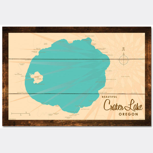 Crater Lake Oregon, Rustic Wood Sign Map Art