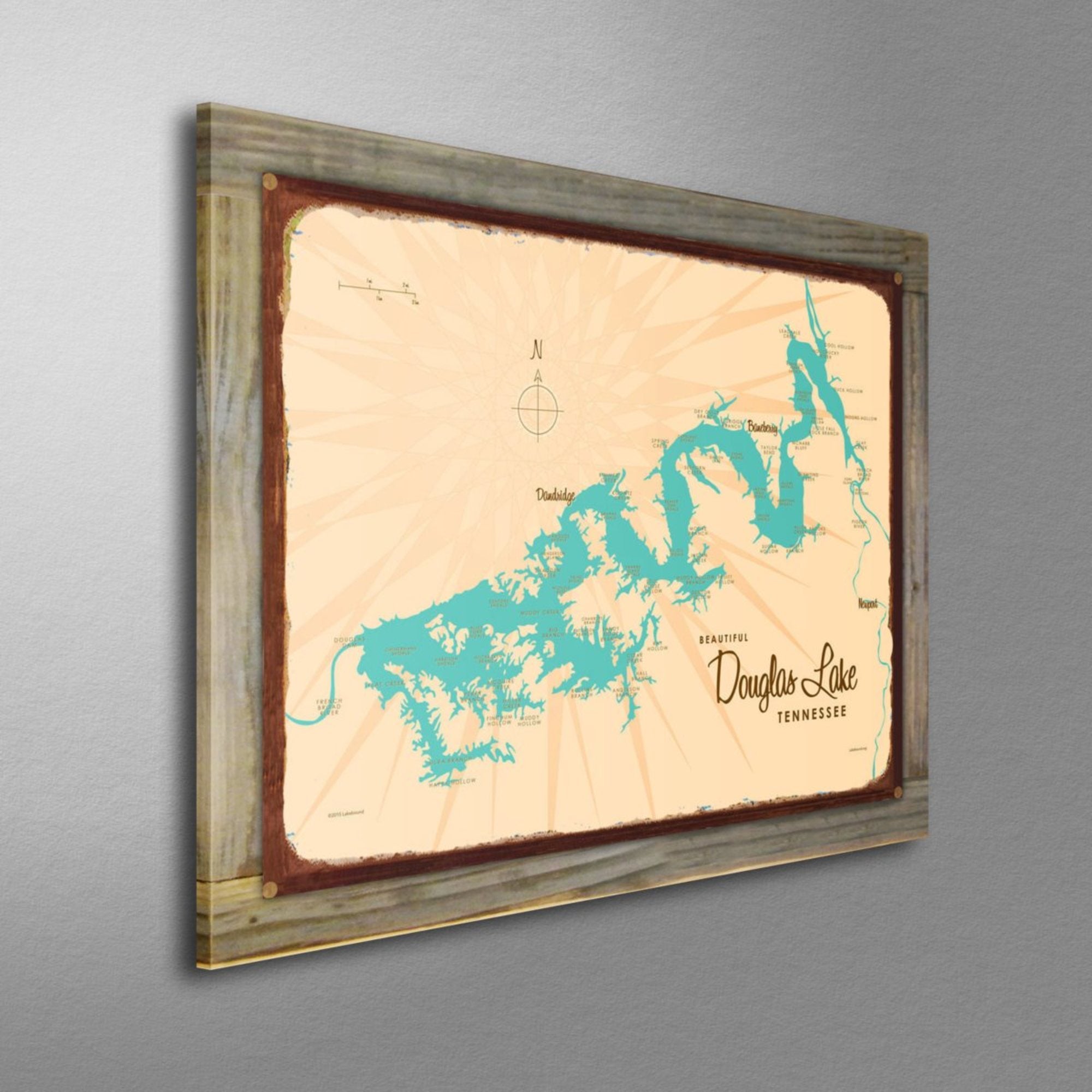 Douglas Lake Tennessee, Wood-Mounted Rustic Metal Sign Map Art