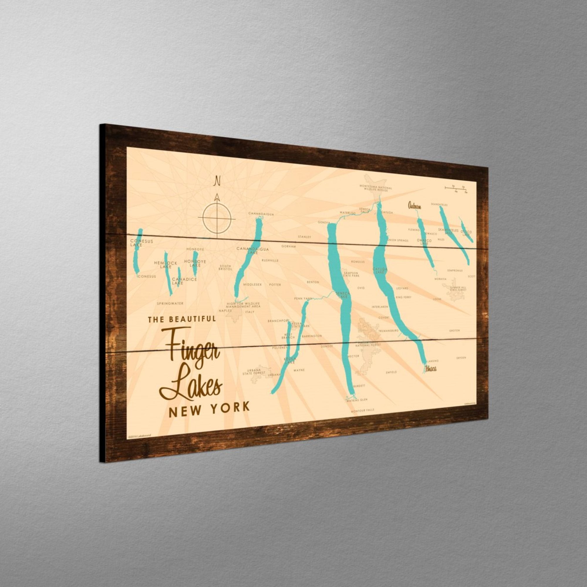 Finger Lakes New York, Rustic Wood Sign Map Art