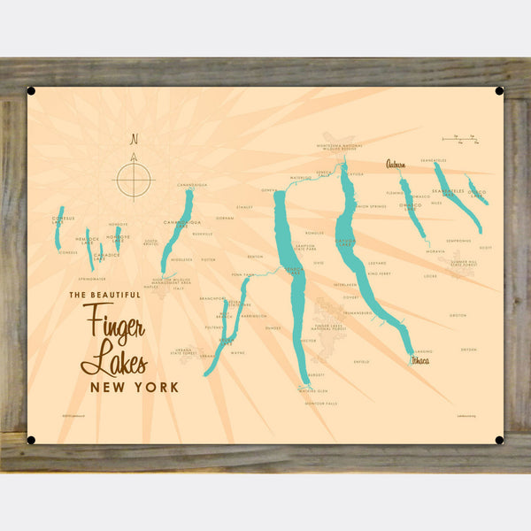 Finger Lakes New York, Wood-Mounted Metal Sign Map Art