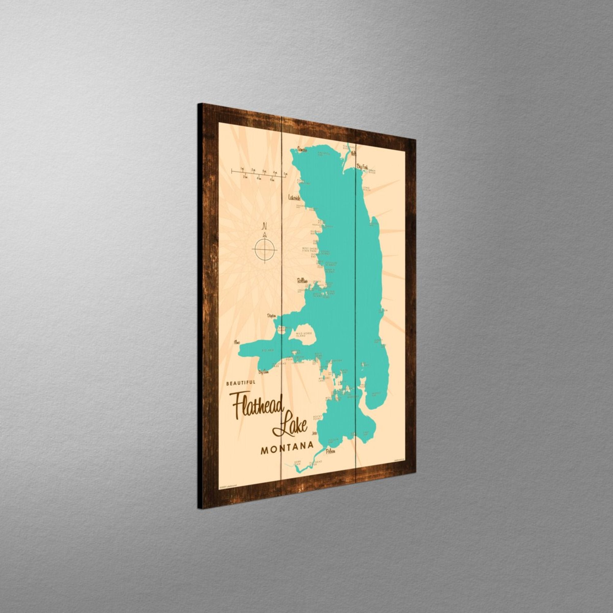 Flathead Lake Montana, Rustic Wood Sign Map Art