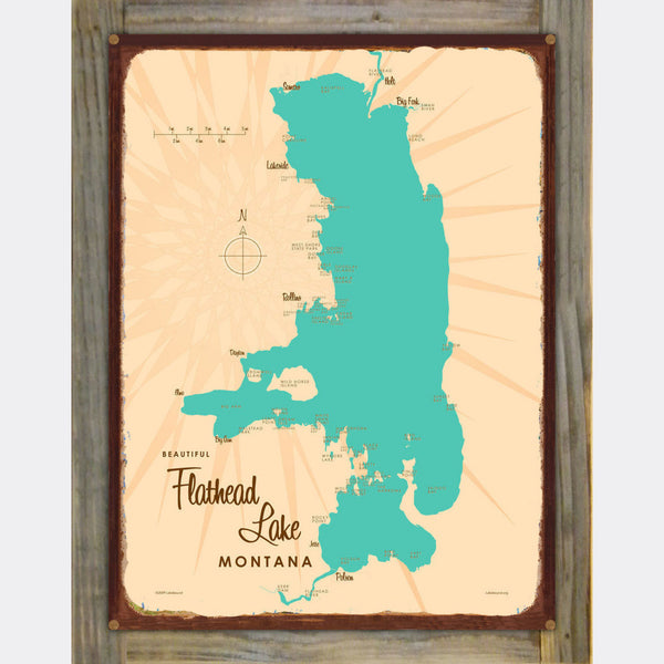 Flathead Lake Montana, Wood-Mounted Rustic Metal Sign Map Art