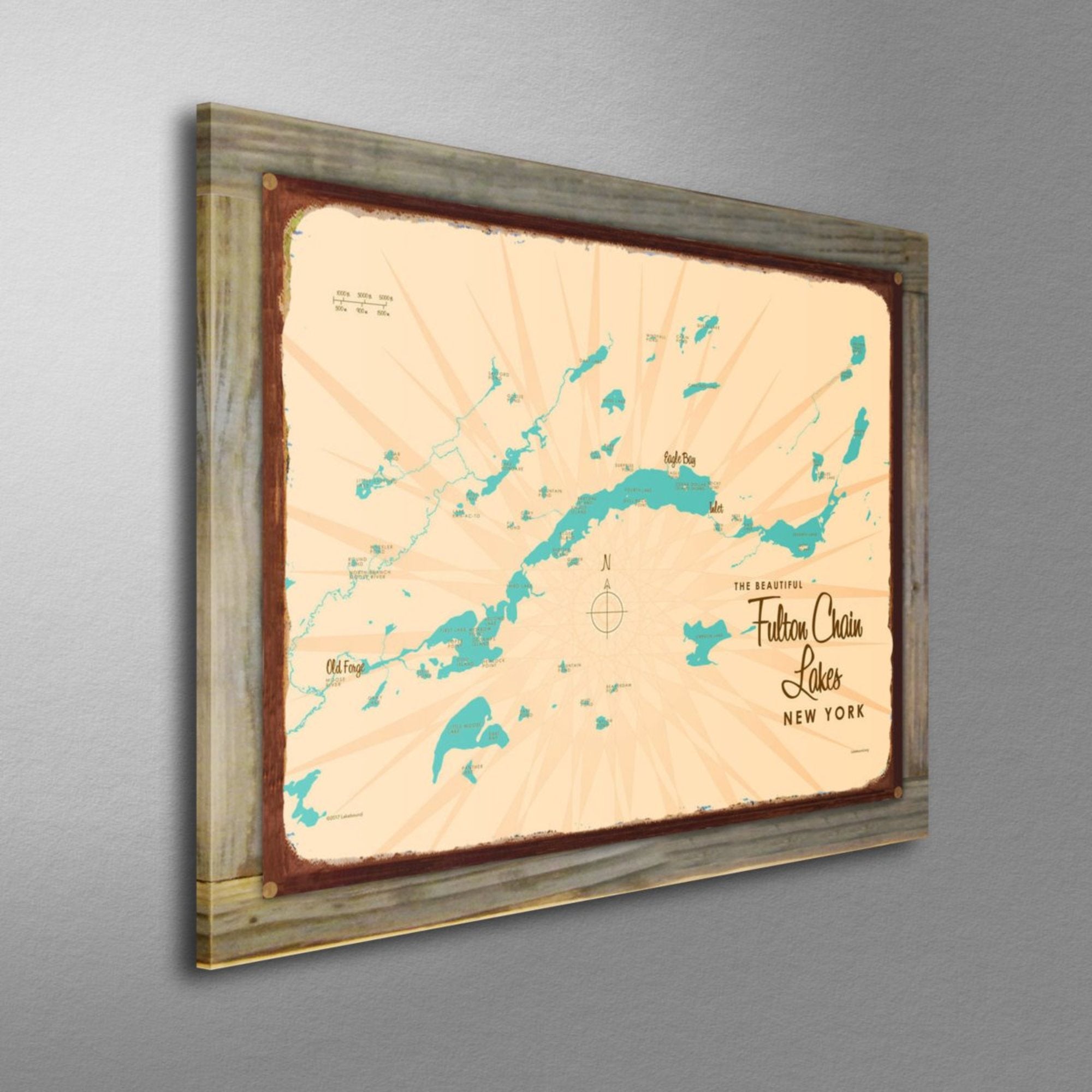 Fulton Chain of Lakes New York, Wood-Mounted Rustic Metal Sign Map Art