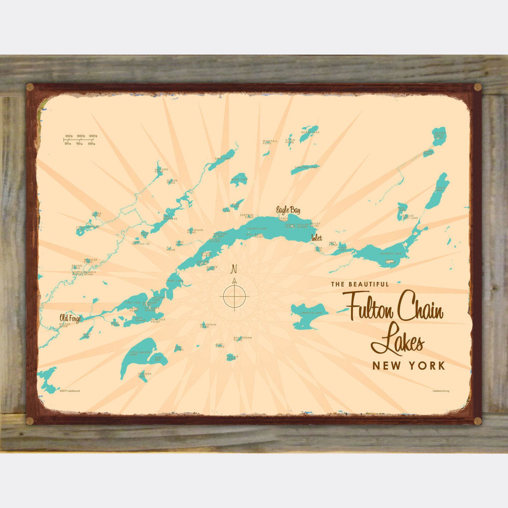 Fulton Chain of Lakes New York, Wood-Mounted Rustic Metal Sign Map Art