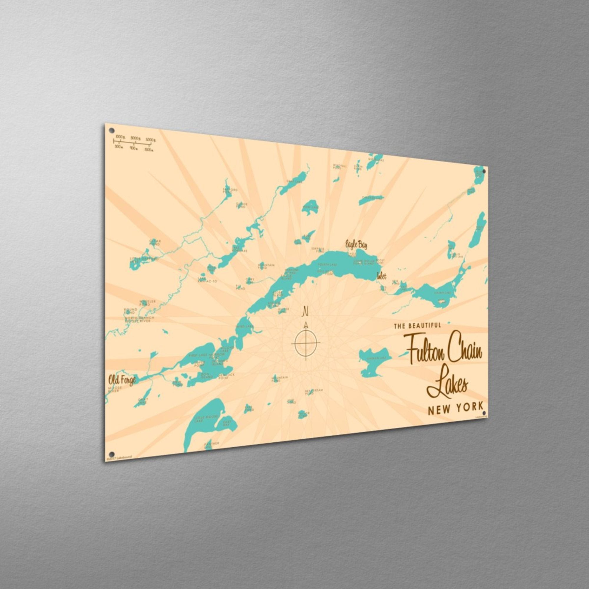 Fulton Chain of Lakes New York, Metal Sign Map Art