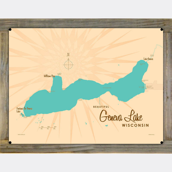 Geneva Lake Wisconsin, Wood-Mounted Metal Sign Map Art
