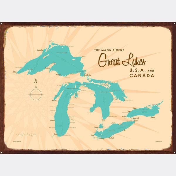 Great Lakes USA Canada, Rustic Metal Sign Map Art