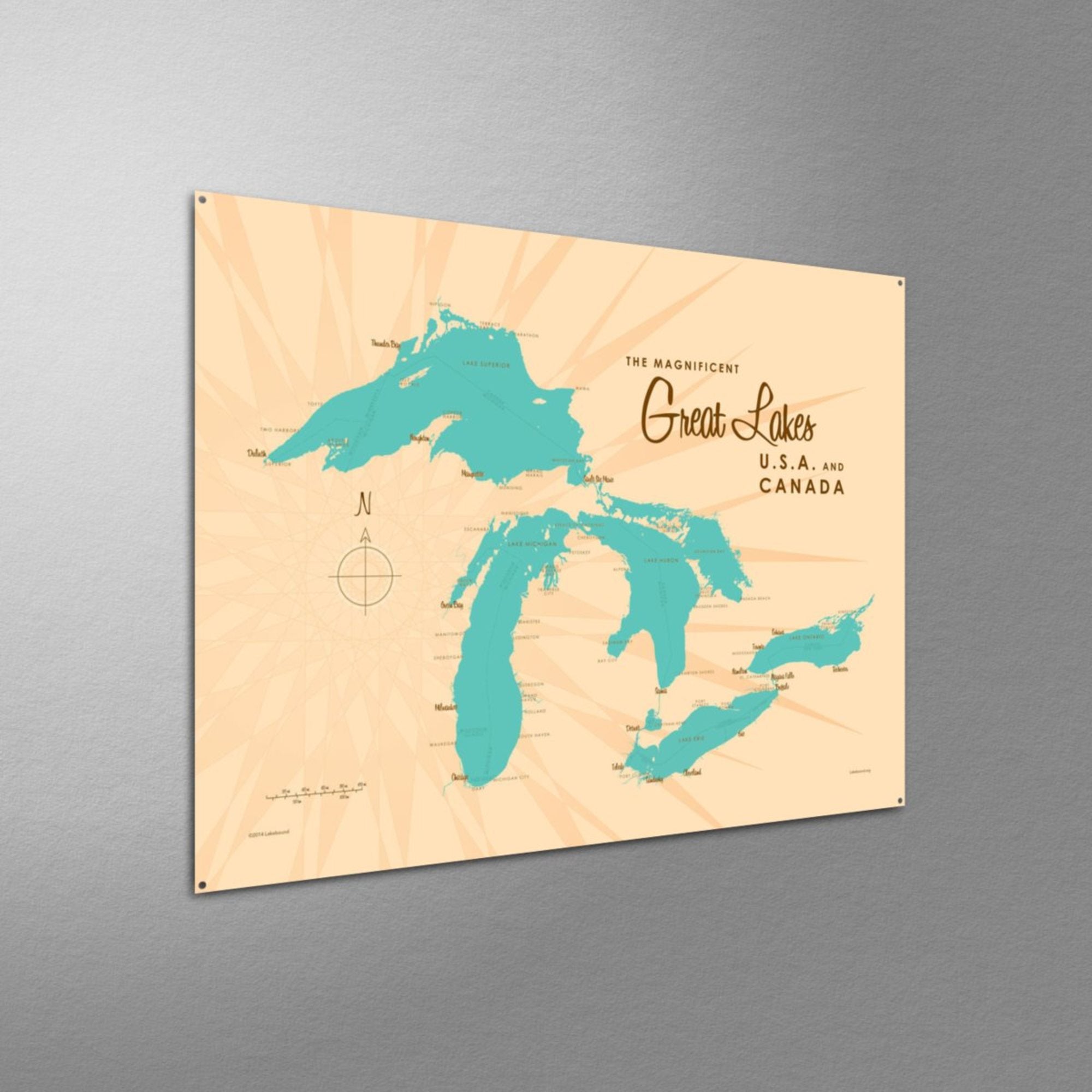 Great Lakes USA Canada, Metal Sign Map Art