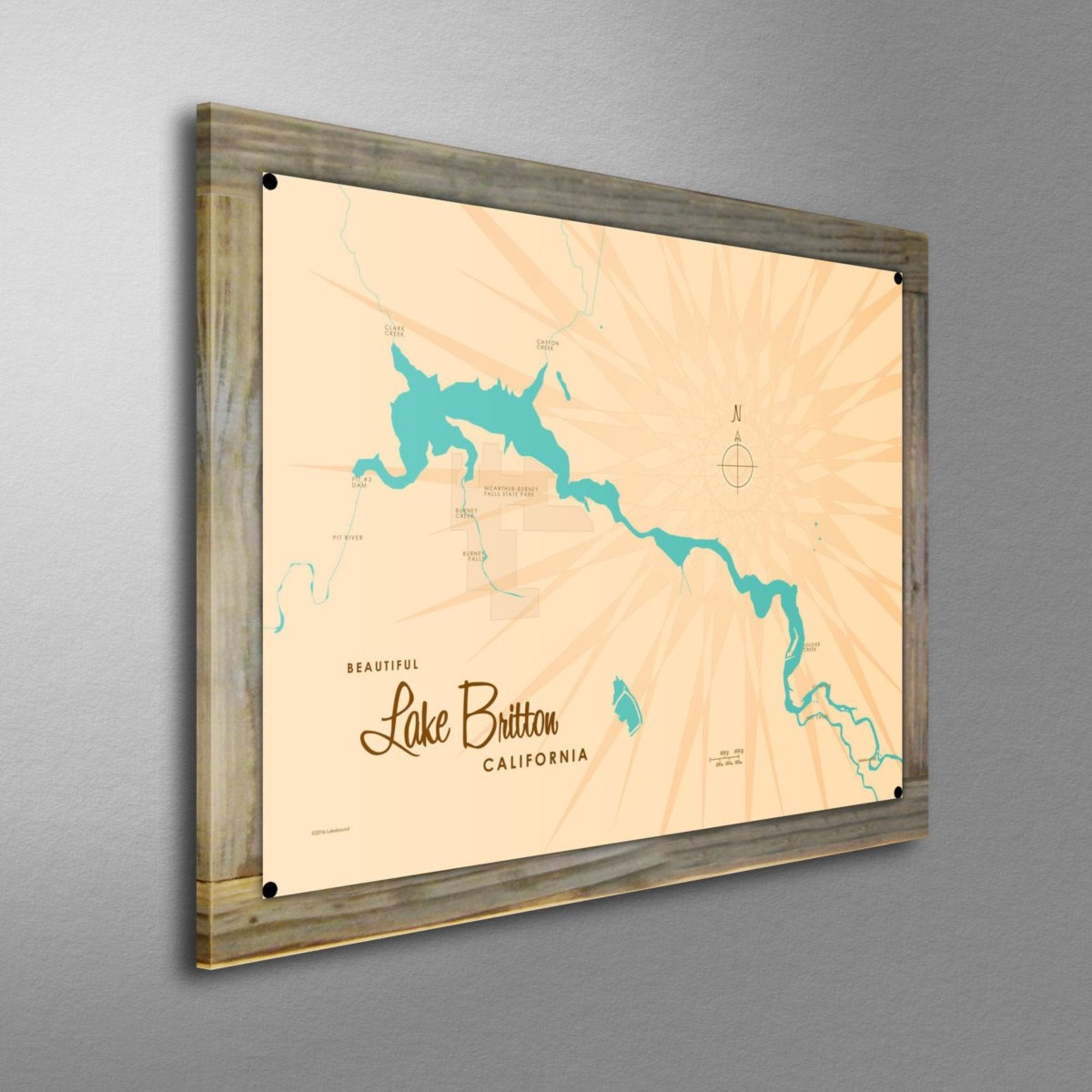 Lake Britton California, Wood-Mounted Metal Sign Map Art