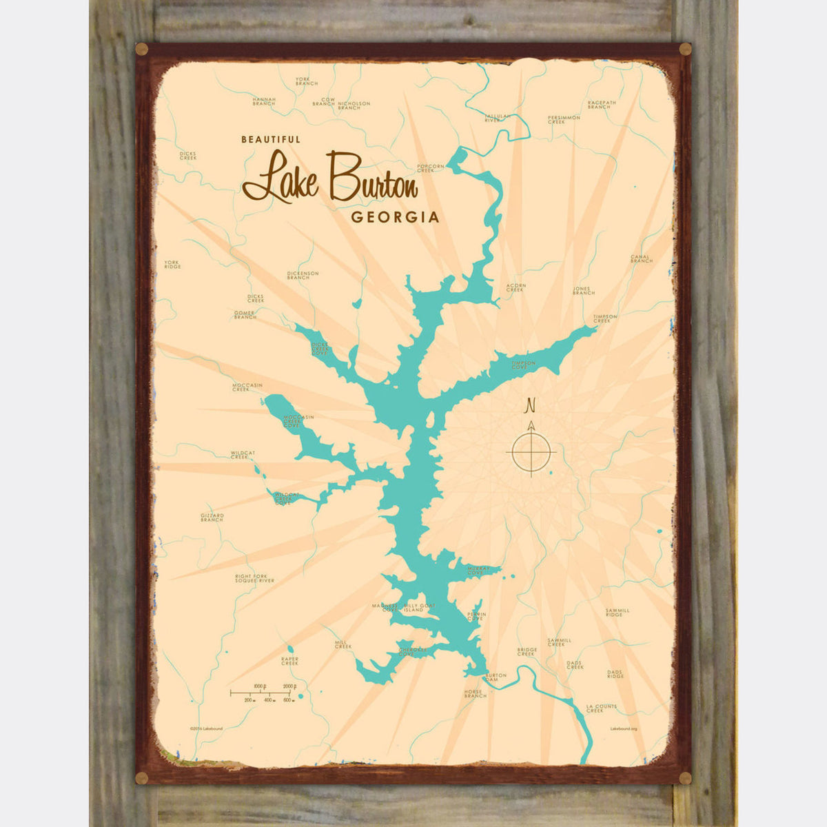 Lake Burton Georgia Wood Mounted Rustic Metal Sign Map Art