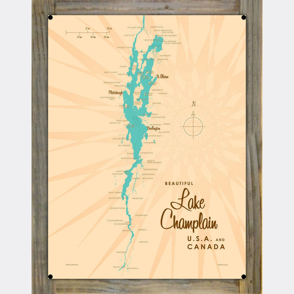Lake Champlain New York, Wood-Mounted Metal Sign Map Art