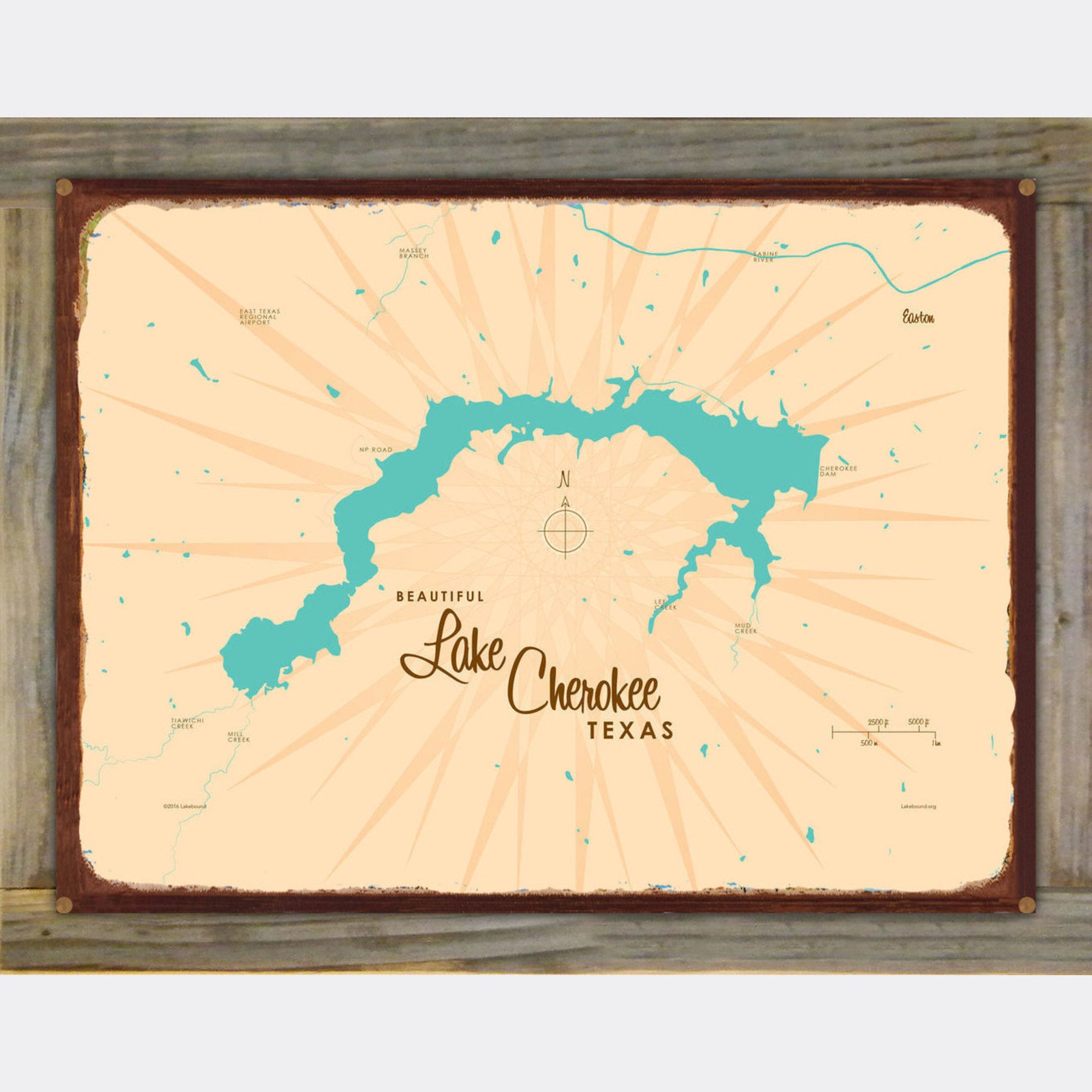 Lake Cherokee Texas, Wood-Mounted Rustic Metal Sign Map Art