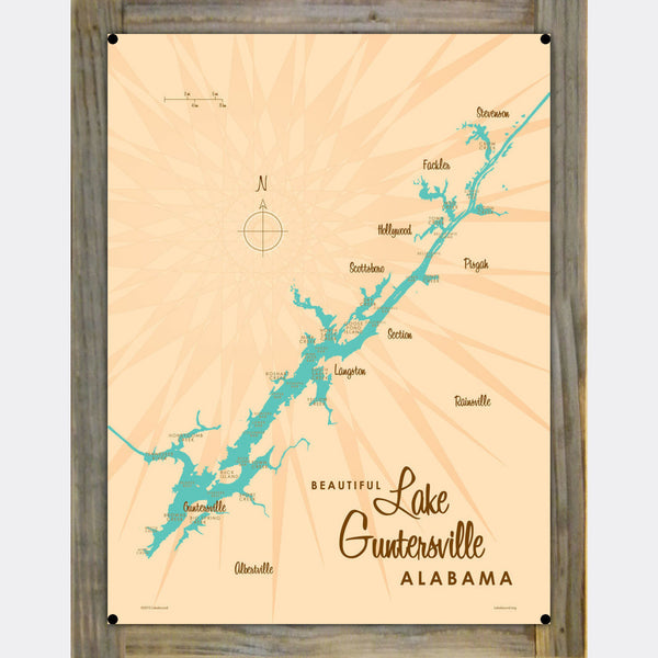 Lake Guntersville Alabama, Wood-Mounted Metal Sign Map Art
