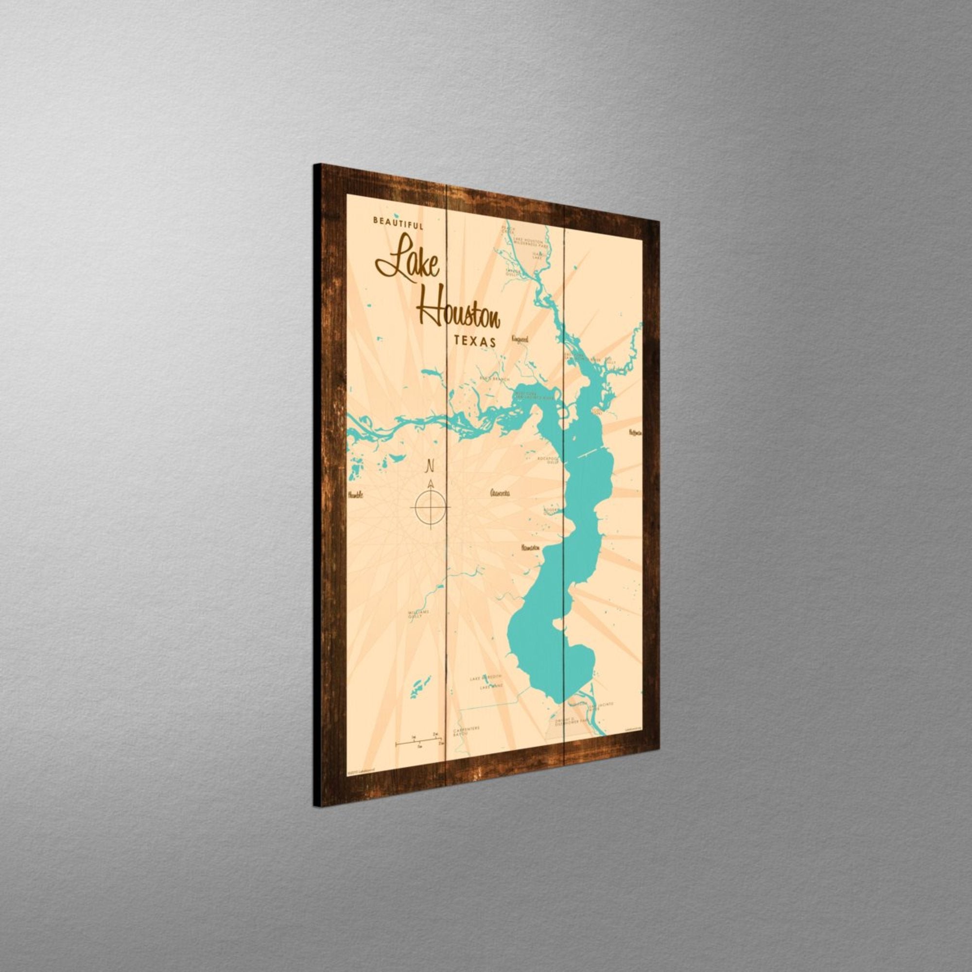 Lake Houston Texas, Rustic Wood Sign Map Art