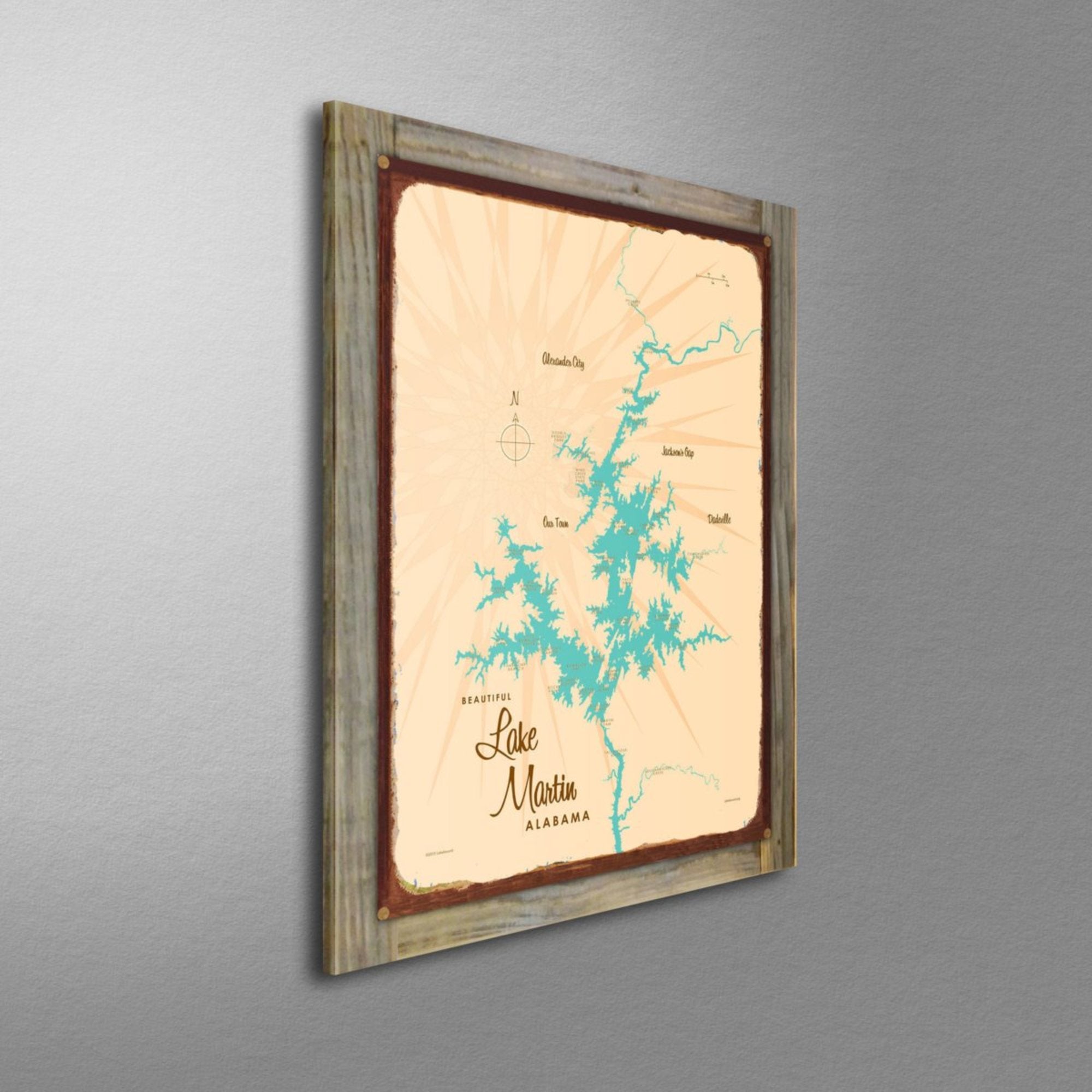 Lake Martin Alabama, Wood-Mounted Rustic Metal Sign Map Art