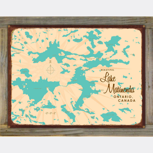 Lake Matinenda Canada, Wood-Mounted Rustic Metal Sign Map Art