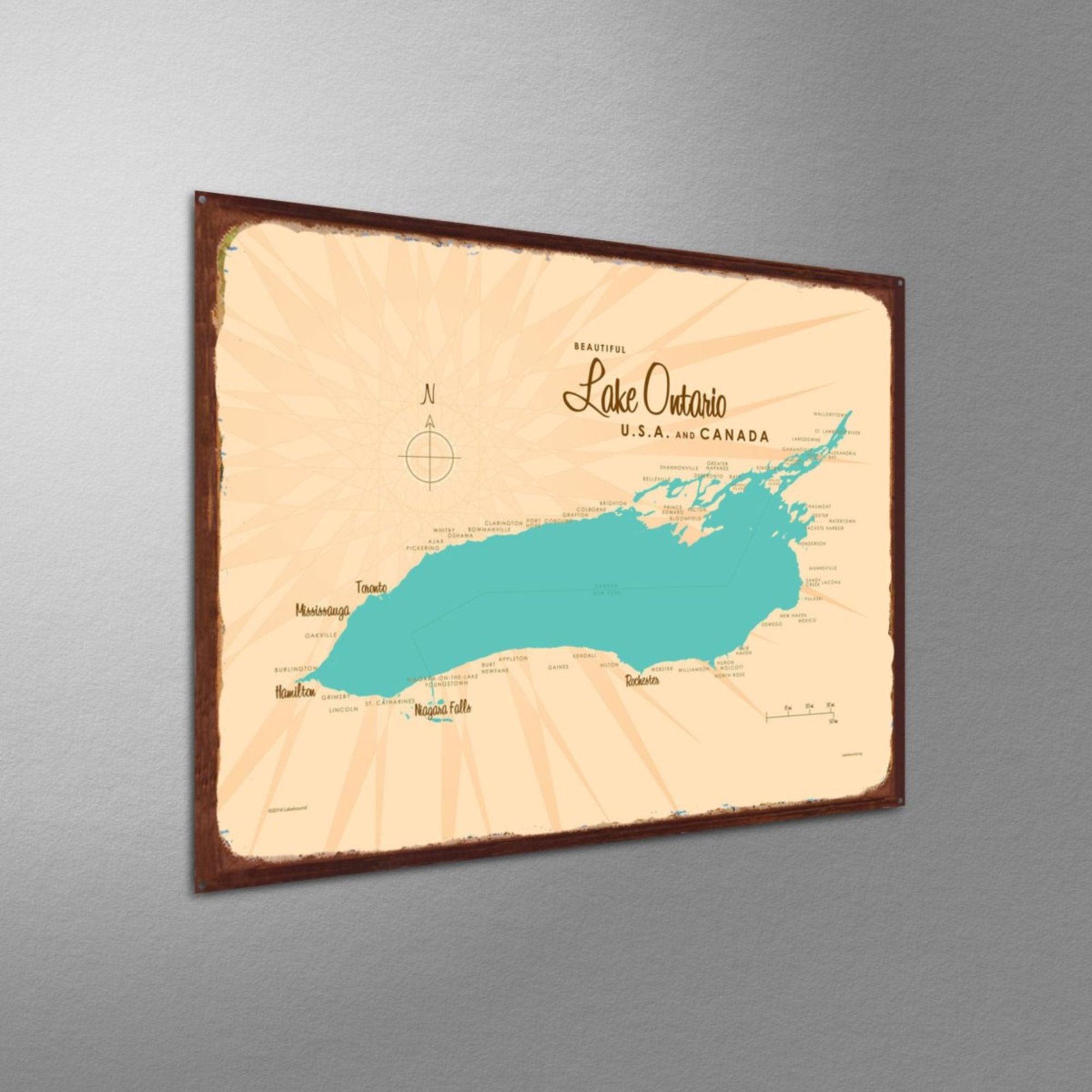 Lake Ontario USA Canada, Rustic Metal Sign Map Art