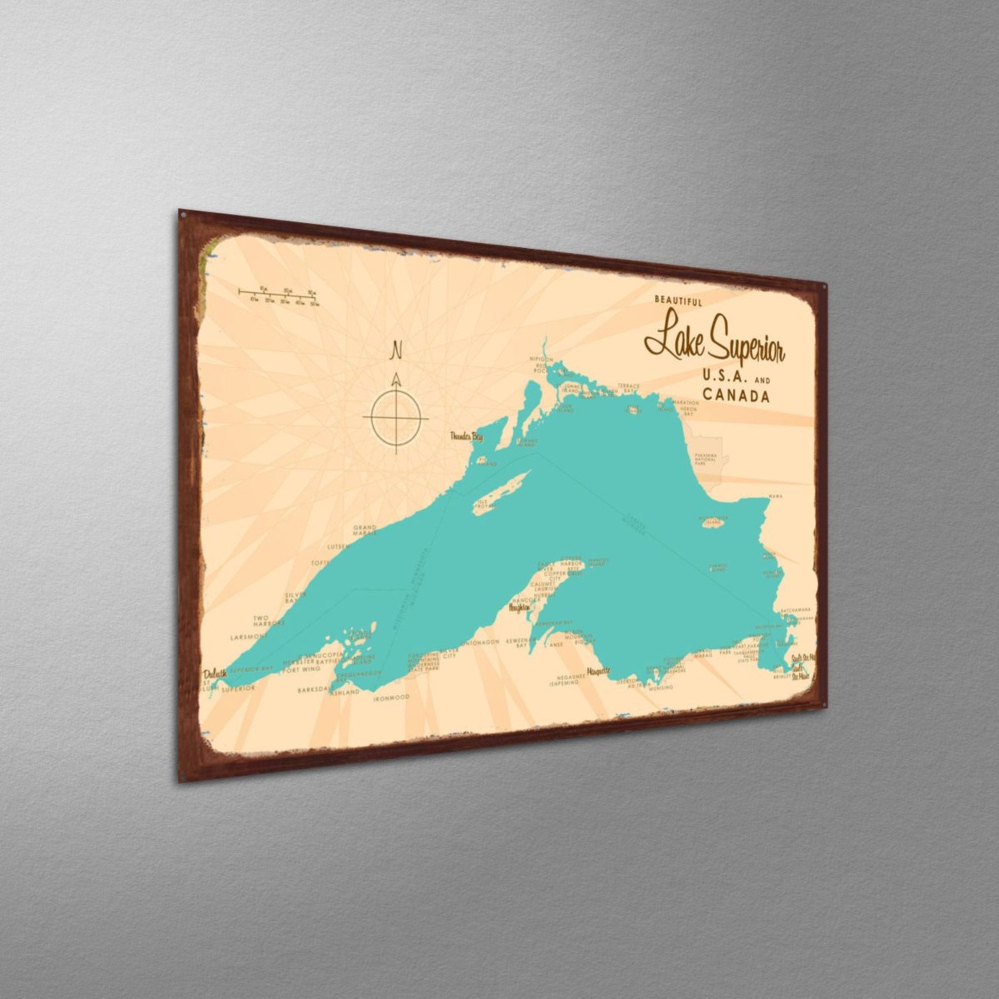 Lake Superior USA Canada, Rustic Metal Sign Map Art