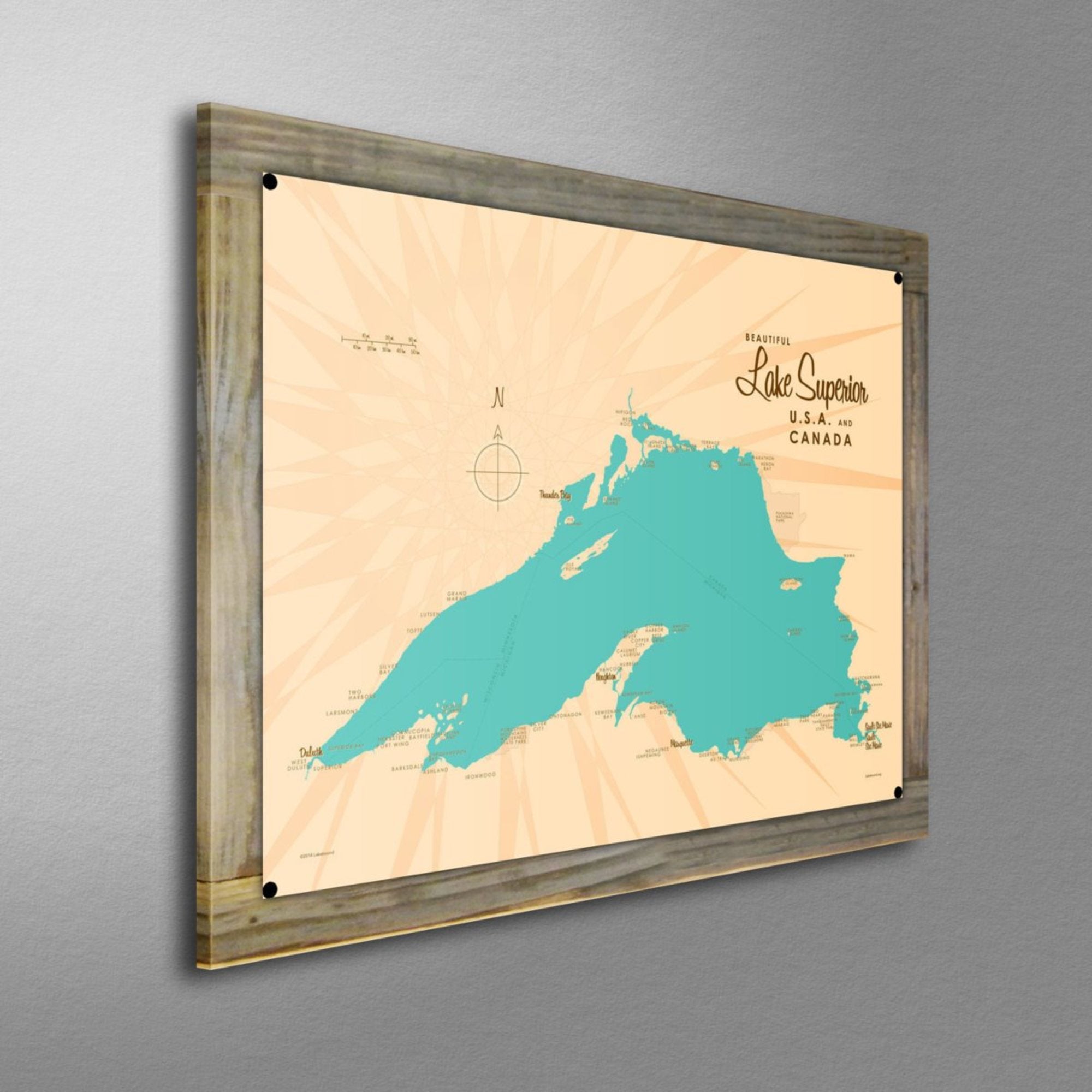 Lake Superior USA Canada, Wood-Mounted Metal Sign Map Art