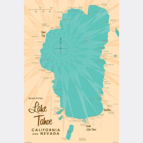 Lake Tahoe California Nevada, Metal Sign Map Art