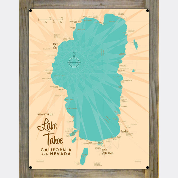 Lake Tahoe California Nevada, Wood-Mounted Metal Sign Map Art