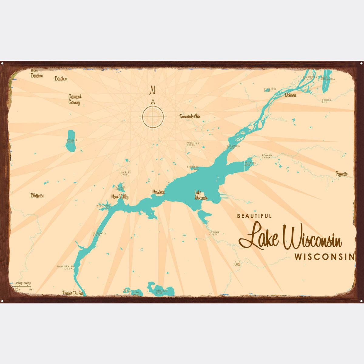 Lake Wisconsin Wisconsin, Rustic Metal Sign Map Art – Lakebound®