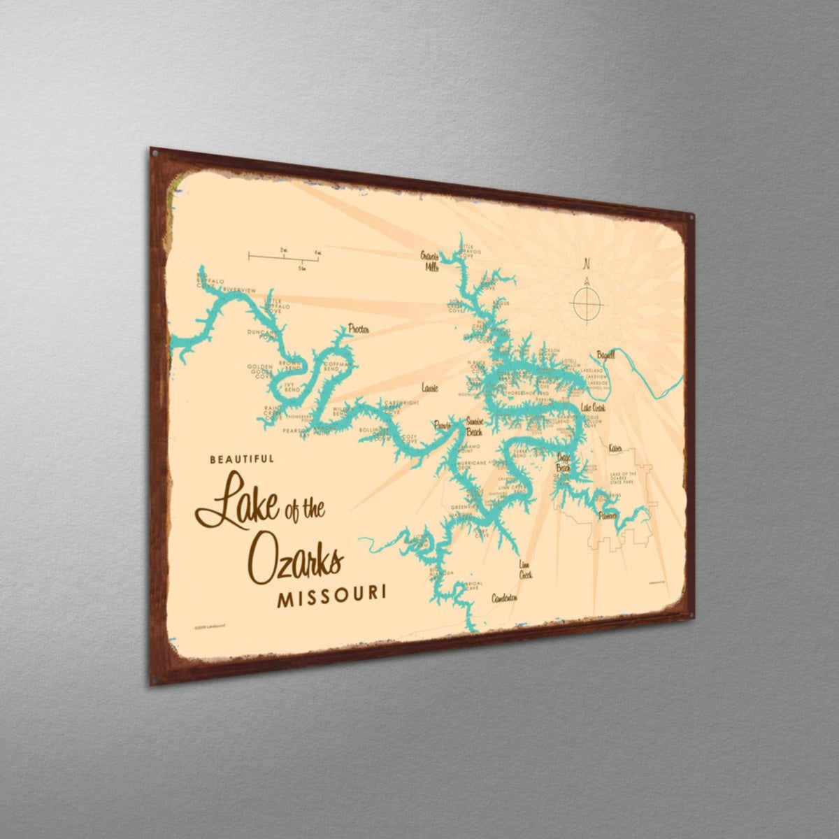 Lake of the Ozarks Missouri (with Mile Markers), Rustic Metal Sign Map