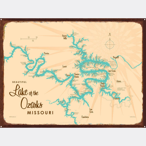 Lake of the Ozarks Missouri (with Mile Markers), Rustic Metal Sign Map Art