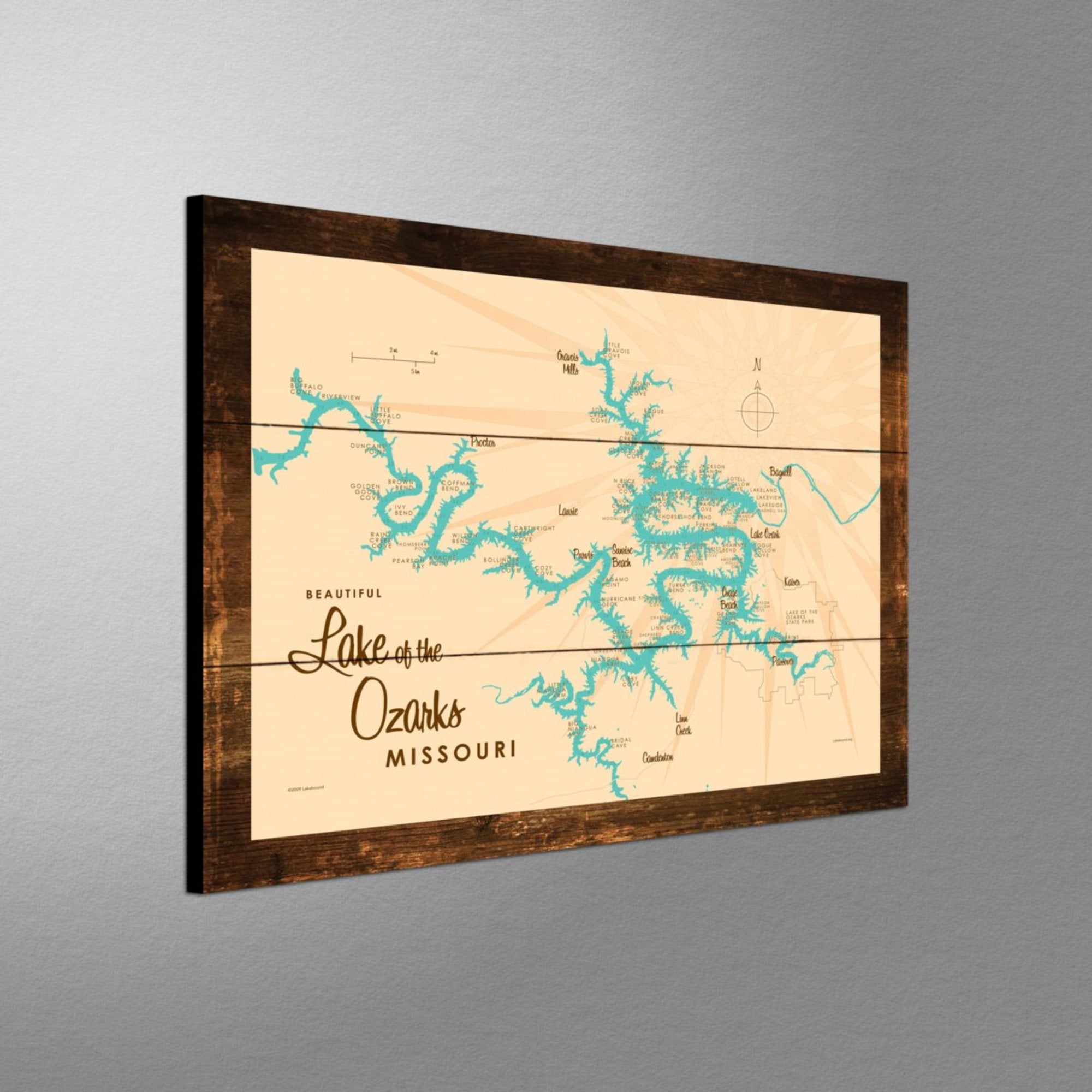 Lake of the Ozarks Missouri (with Mile Markers), Rustic Wood Sign Map Art