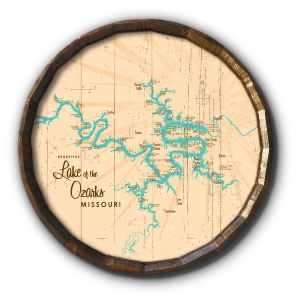 Lake of the Ozarks Missouri (with Mile Markers), Rustic Barrel End Map Art