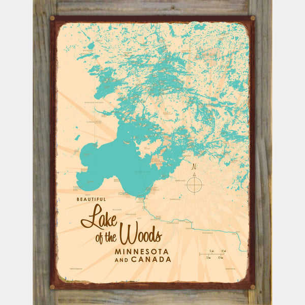 Lake of the Woods Minnesota, Wood-Mounted Rustic Metal Sign Map Art