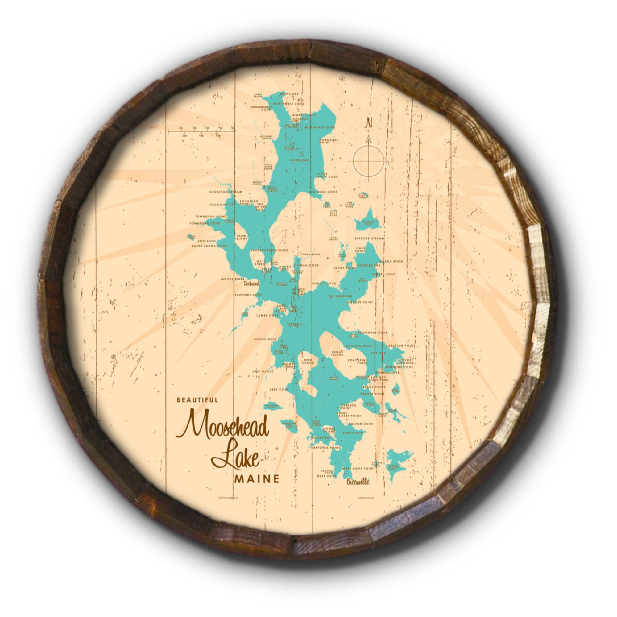 Moosehead Lake Maine, Rustic Barrel End Map Art