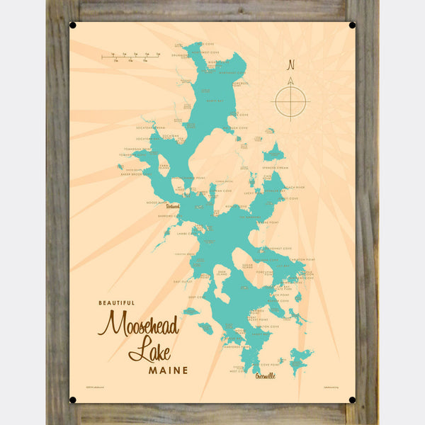 Moosehead Lake Maine, Wood-Mounted Metal Sign Map Art