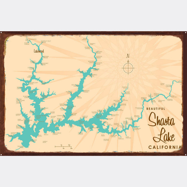 Shasta Lake California, Rustic Metal Sign Map Art