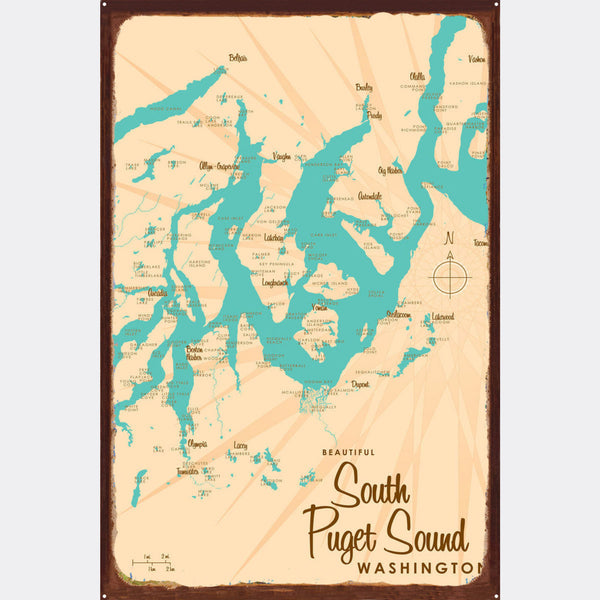 South Puget Sound Washington, Rustic Metal Sign Map Art