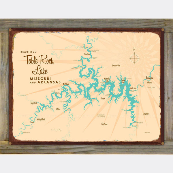 Table Rock Lake Missouri, Wood-Mounted Rustic Metal Sign Map Art