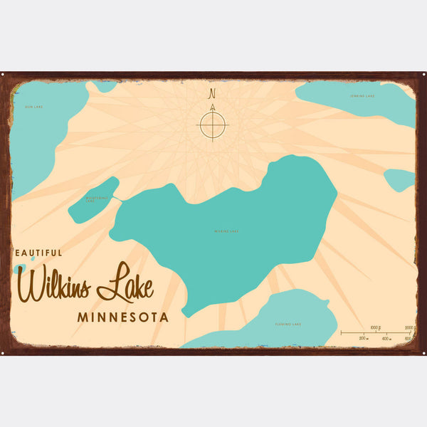 Wilkins Lake Minnesota, Rustic Metal Sign Map Art