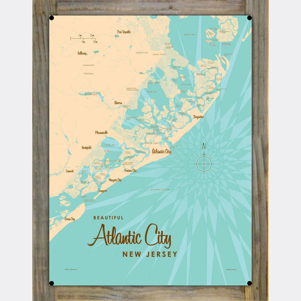 Atlantic City New Jersey, Wood-Mounted Metal Sign Map Art