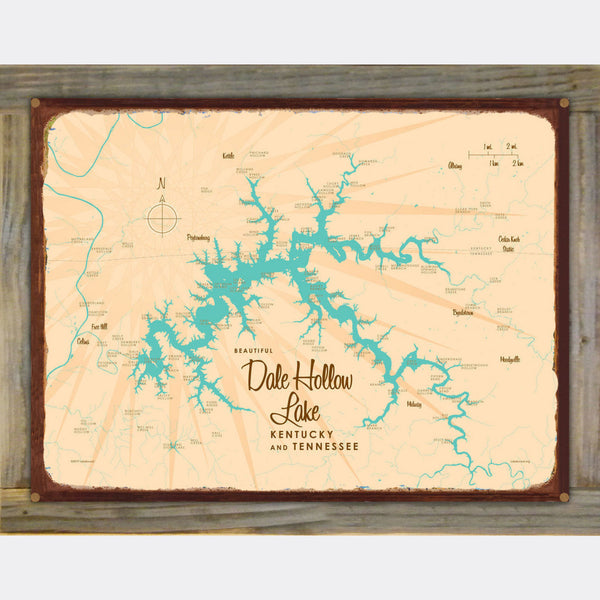 Dale Hollow Lake Kentucky Tennessee, Wood-Mounted Rustic Metal Sign Map Art